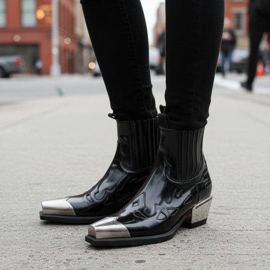Mens Boots Fashion Brand Metal Punk Boots Men Woman Autumn Winter Western Cowboy Pointed Chelsea Boots for Men