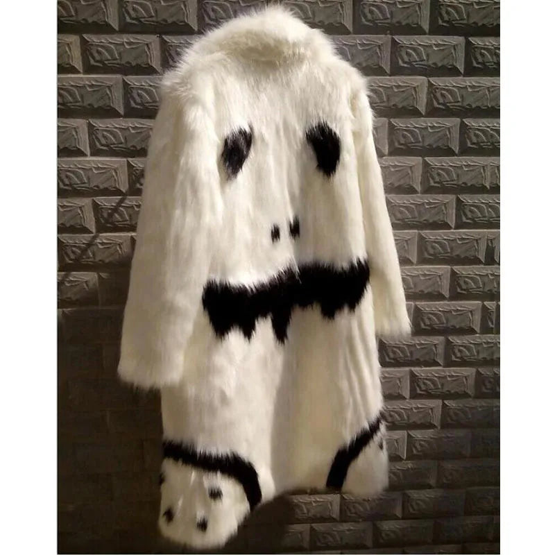 Cool Winter Unisex Thickening faux fur Long jacket Black Gown white devil windbreaker Imitation Faux Fox grimace Fur Coat