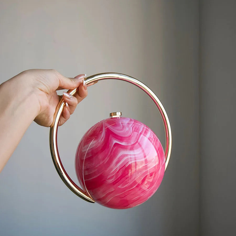 Fashion Marble Pattern Acrylic Round Evening Bag for Women Luxury Designer Metal Handle Lady Handbags Elegant Party Purses 2025
