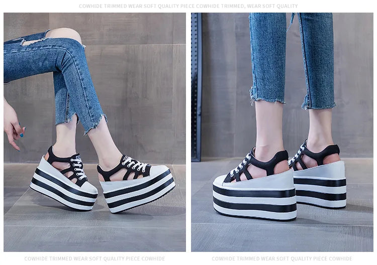 Fujin 12cm Platform Wedge Shoes Sandals for Women Sneakers Summer Shoes Hollow Cut Summer Sneakers Genuine Leather