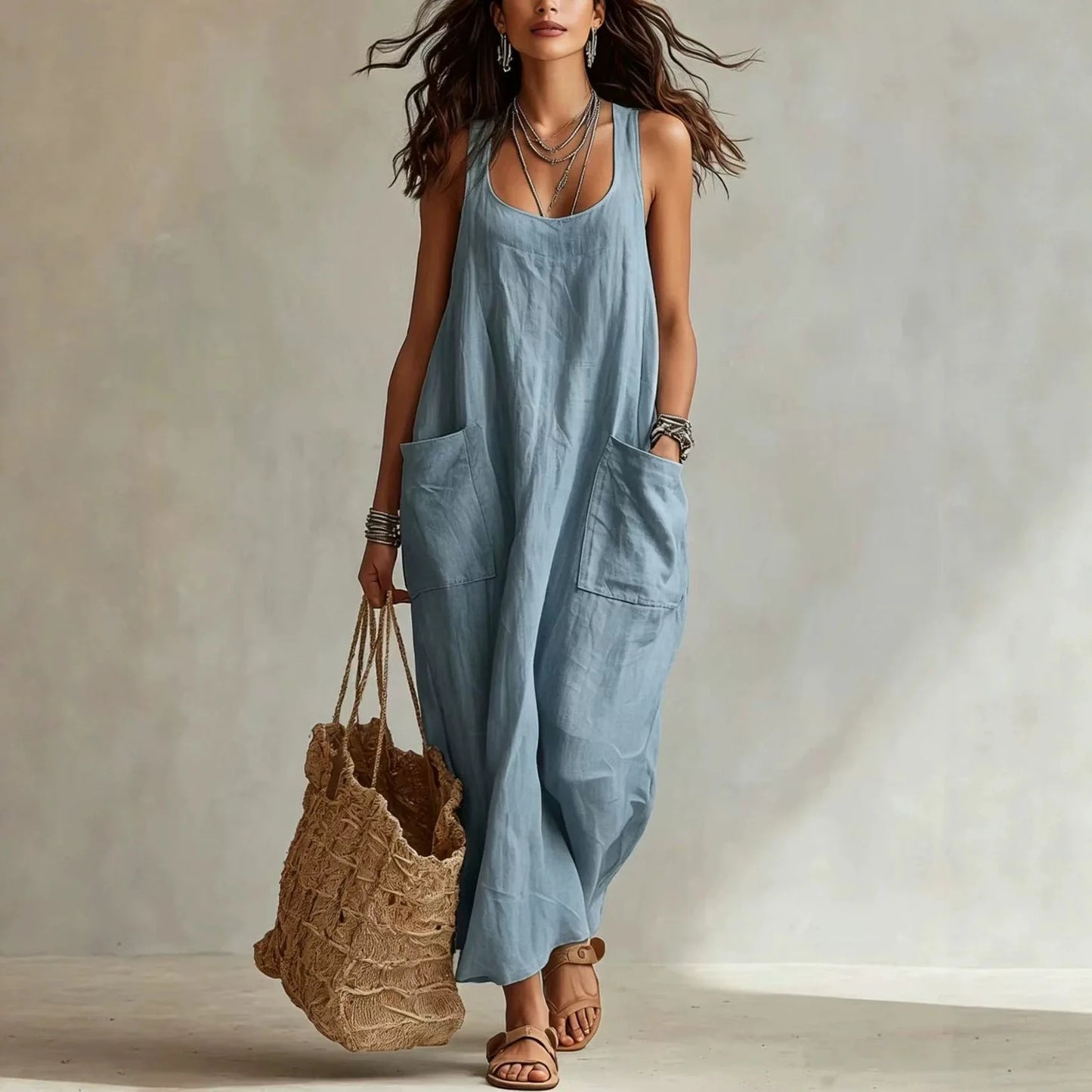 Women's Cotton Linen Square Neck Maxi Dress with Pockets Spaghetti Strap Sleeveless Loose Vacation Beach Long Sundress S-2XL