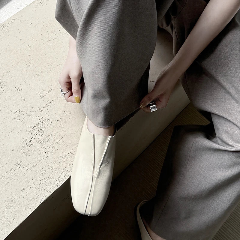 Genuine Sheepskin Mules Women Covered Square Toe Deep Mouth Flat Heel Casual Slippers Female Vacation Slides
