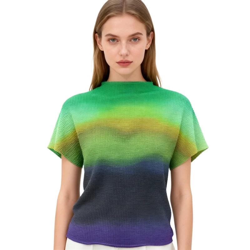Miyake Pleated Women's Casual Tops 2026 Summer New Gradient Color Thin Stretch Half Turtleneck Short-sleeved T-shirt for Women