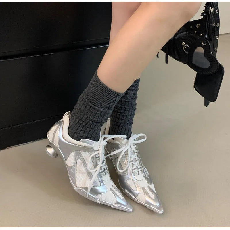 Sport Style Fashion Mixed-color Pointed toe Women Pumps Spring Autumn Breathable Mesh Strange High heels Casual Sneakers Shoes