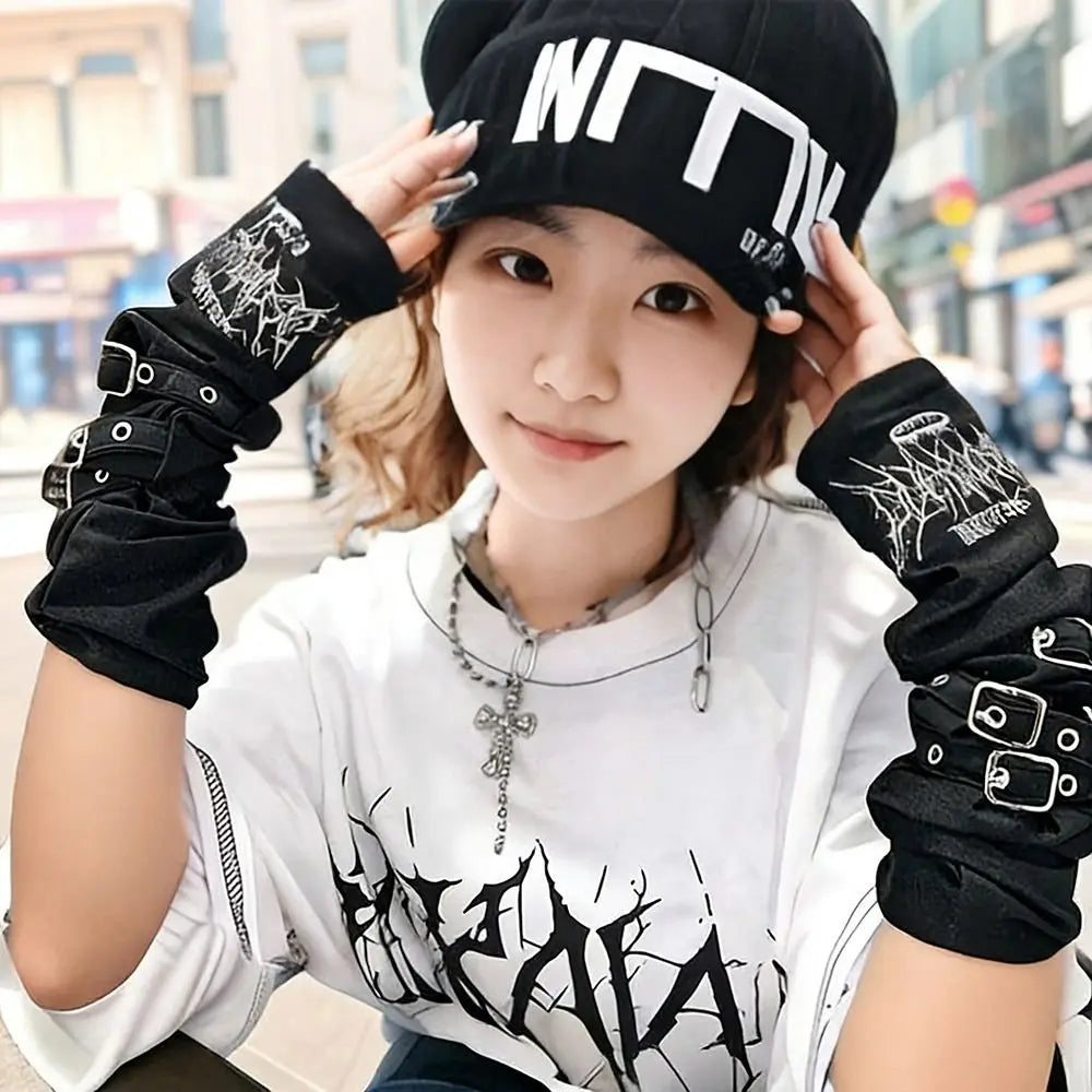 Fashion Metal Buckle Arm Sleeves Y2K Japanese Sunscreen Gloves Embroidery Harajuku Cosplay Gloves Women