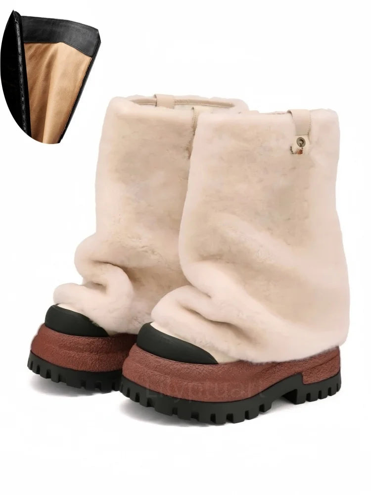 Women's Chunky Leather Flats & Knee Boots - Square Toe Loose Fit Spring-Autumn Casual Shoes with Pleated Pants