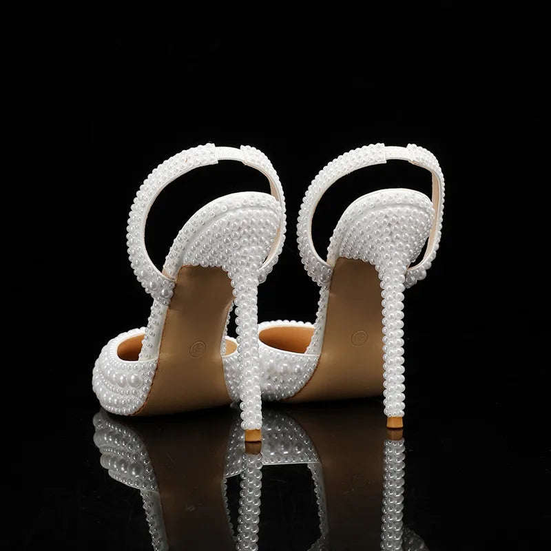 Luxury Handmade Full Pearls Wedding Women Pumps Elegant Pointed toe Slingbacks high heels Fashion Summer Party Bridal Shoes
