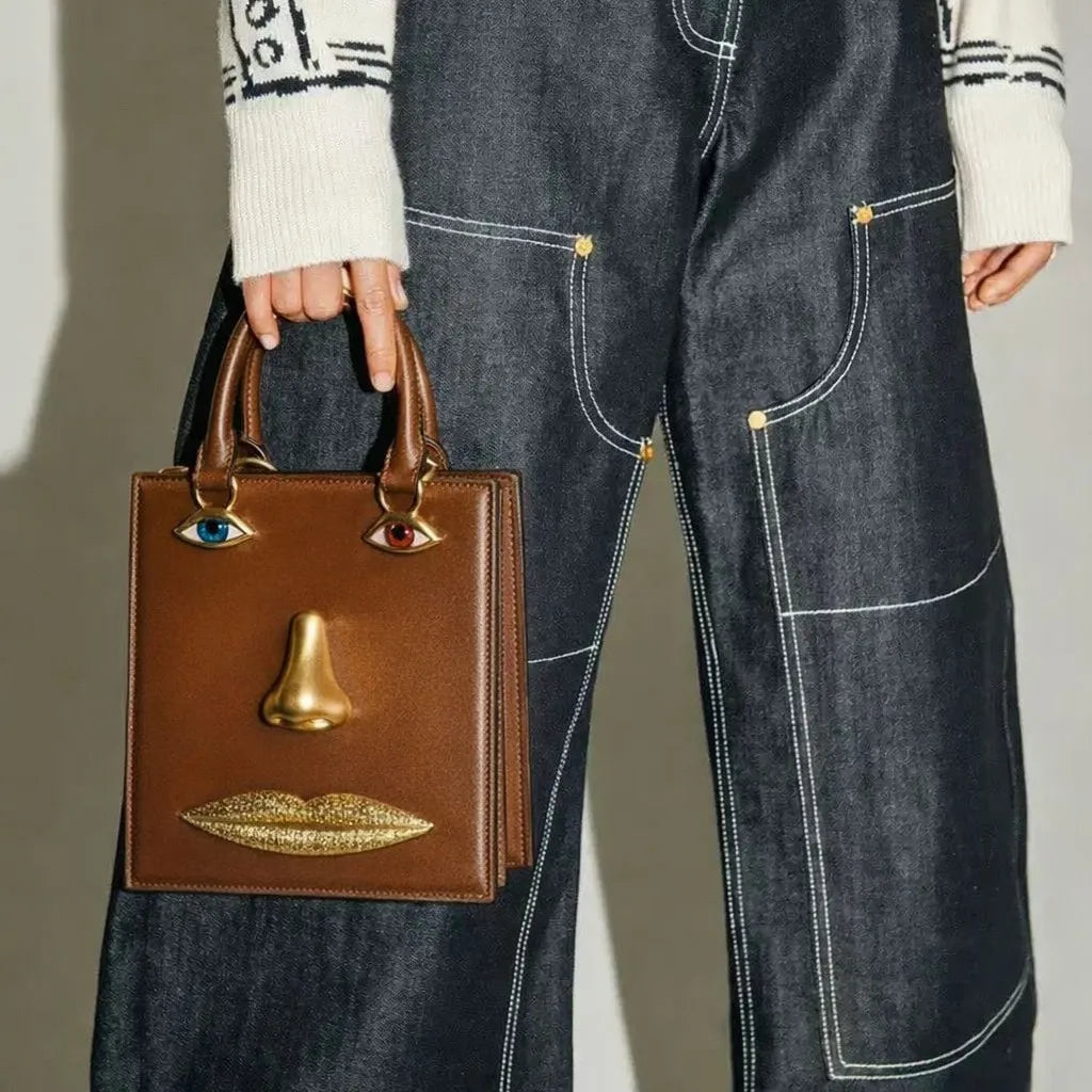 2026 Summer New Women's Surreal  Leather Handbag 3D Face Hand Grip Pattern Tote Bag Silver Patent Leather Square Versatile Shoulder Bag