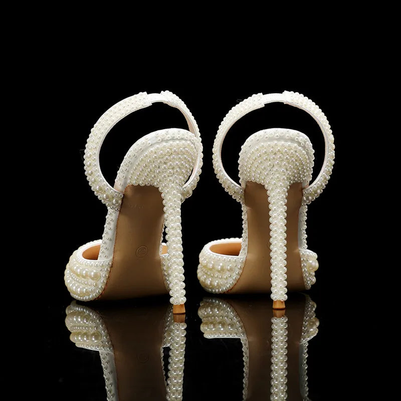 Luxury Handmade Full Pearls Wedding Women Pumps Elegant Pointed toe Slingbacks high heels Fashion Summer Party Bridal Shoes