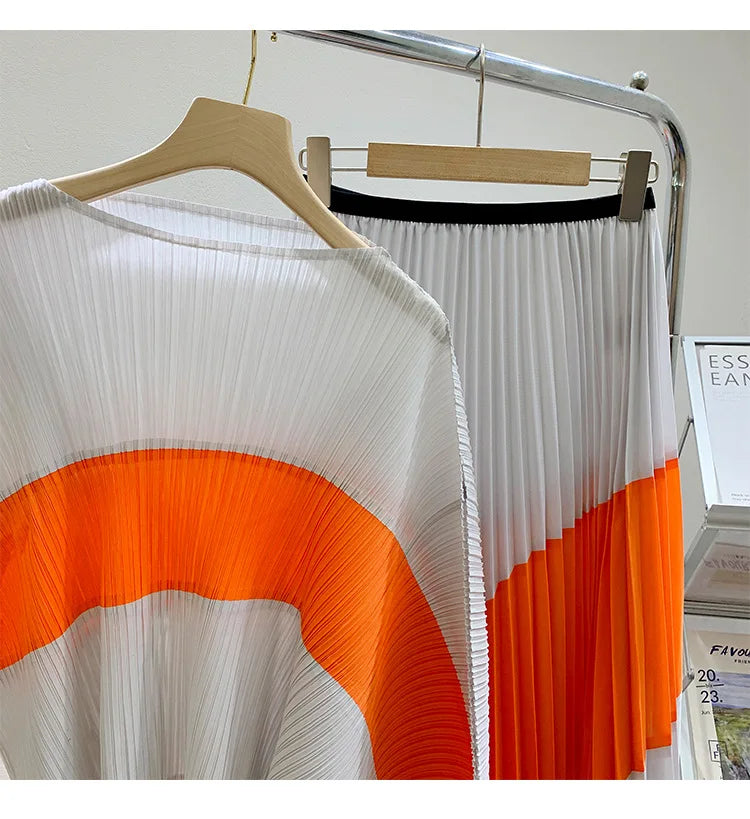 Miyake Pleated Two Piece Skirt Sets Women Sleeveless Irregular T-shirt Long Contrasting Color Skirt