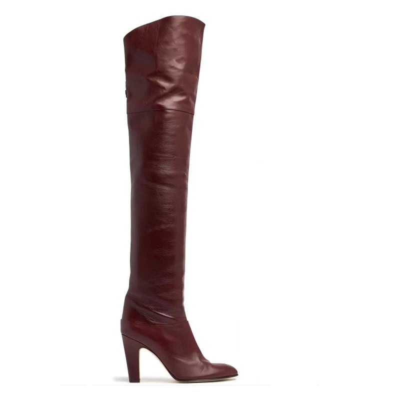 Elegant Leather Over The Knee Pleated Boots. Trendy Sexy Pointed Toe Stiletto.
