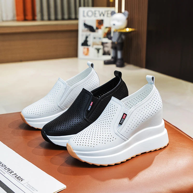 10cm Microfiber Platform Heel Wedge Shoe Sneakers Pumps White Platform Air Mesh Hollow Pumps Shoes Summer Women Zapatos de Mujer