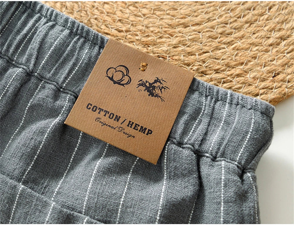 Summer cotton linen men's beach shorts loose fit breathable ramie striped straight daily causal pants for men