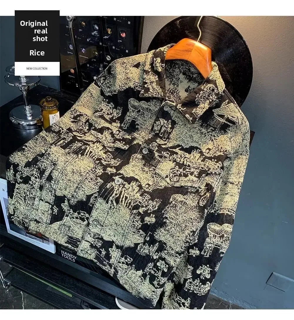 Retro Camouflage Loose Men's Jacket Long Sleeve Embroidered Denim Coat Fashionable Trendy Outerwear Comfortable Fit Male Coat