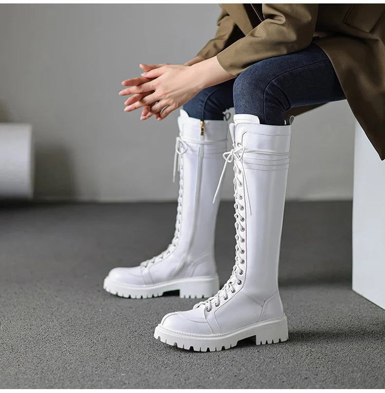 Ods Genuine Leather Women's High Knee Boots Winter Shoes Sexy Lace Up Black White Low Heels Party Shoes Girls Large Size 414243