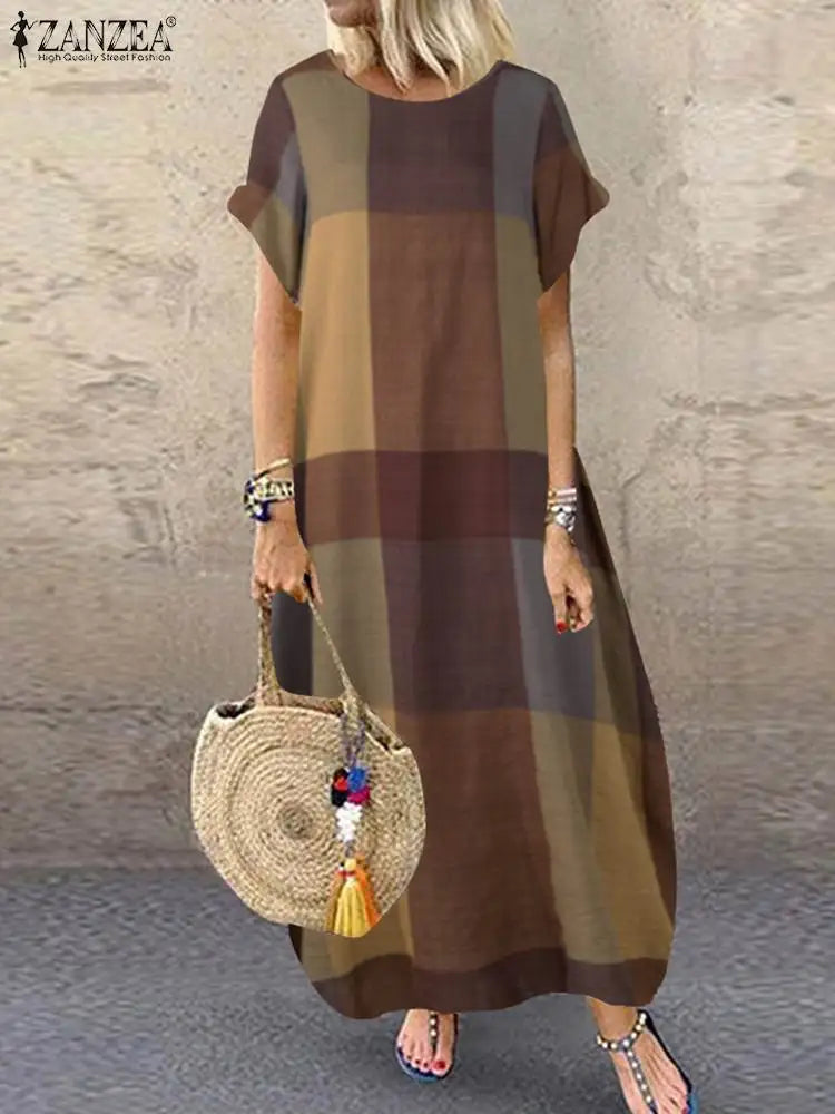 ZANZEA Bohemian Plaid Checked Sundress Summer Short Sleeve Long Dress Fashion Holiday Party Vestido Femme Casual Loose Robe 2025