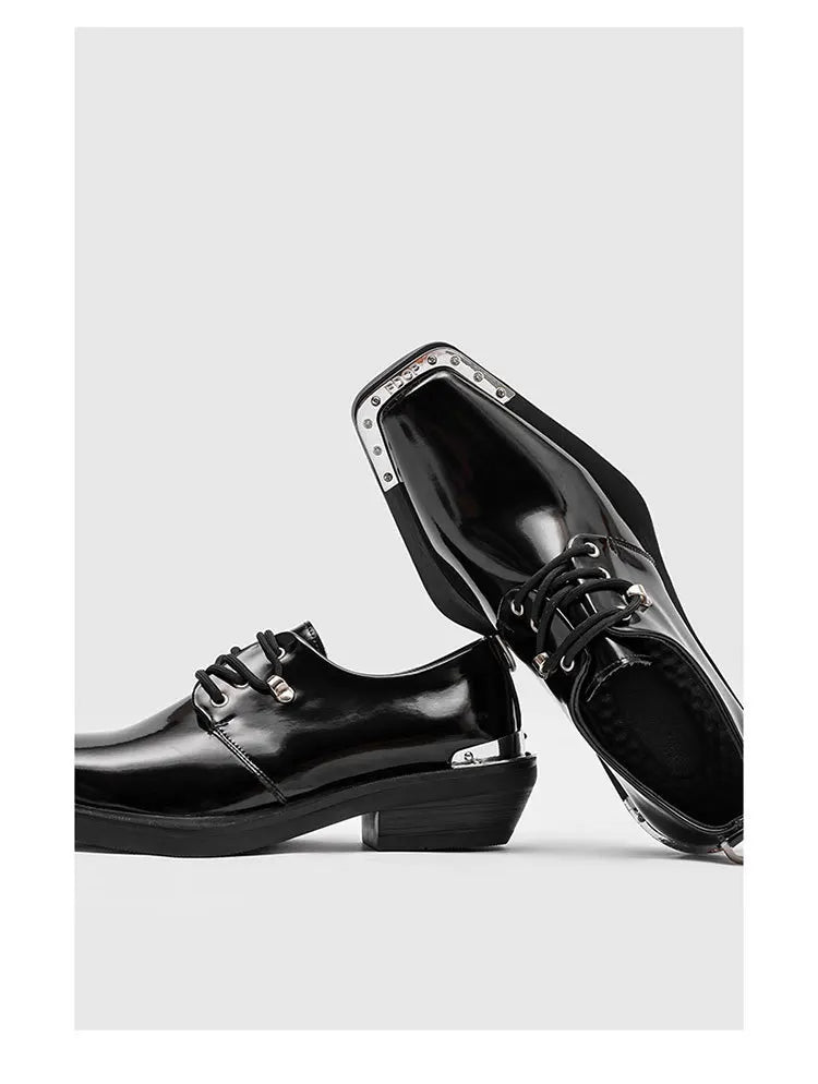 Metal Square Toe Derby Shoes Fashionable Thick Soled Lace Up Design Upturned Toe Thick Heel Trendy Men's Casual Leather Shoes