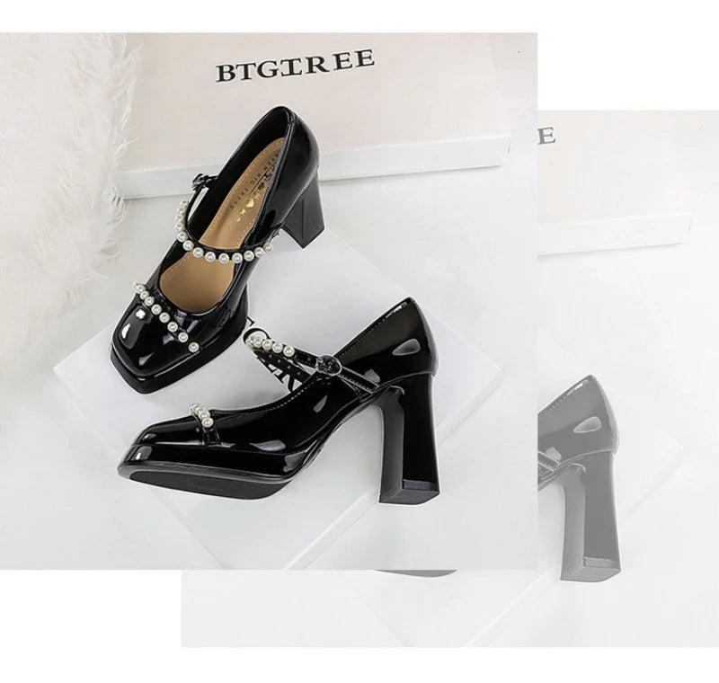 Retro Style Color Block Square Toe Thick Heel High Heels Women's Waterproof Platform Pearl Mary Jane Shoes Casual Fashion