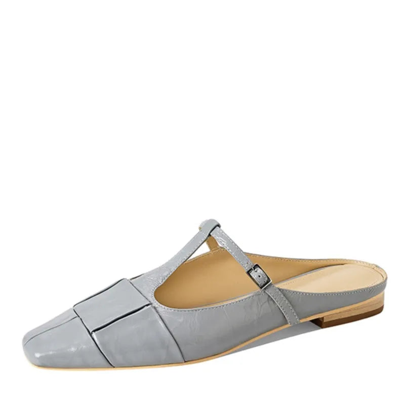 Genuine Leather t-strap Slippers Women Covered Toe Low Heel Slides Ladies Summer Vacation Slippers Female
