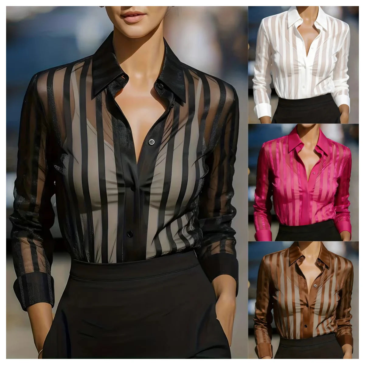 Sheer Vertical Stripe Button Down Shirt Long Sleeve Collared Blouse For Women Office Top