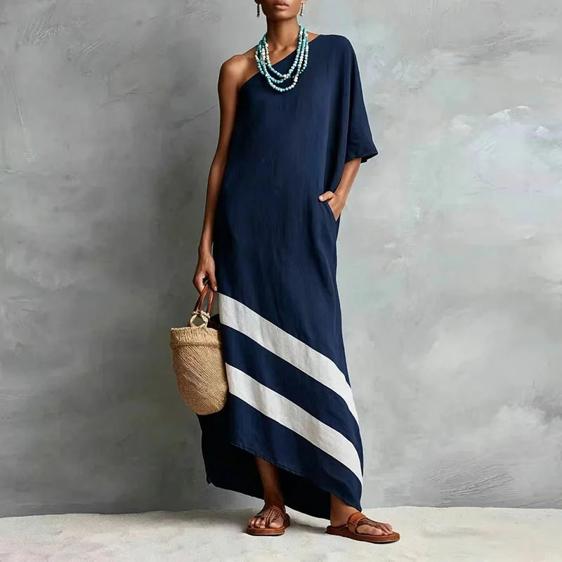 New Women One Shoulder Maxi Dress Short Batwing Sleeve Diagonal Stripe Print Asymmetric Hem Autumn Loose Boho Beach Travel Dress