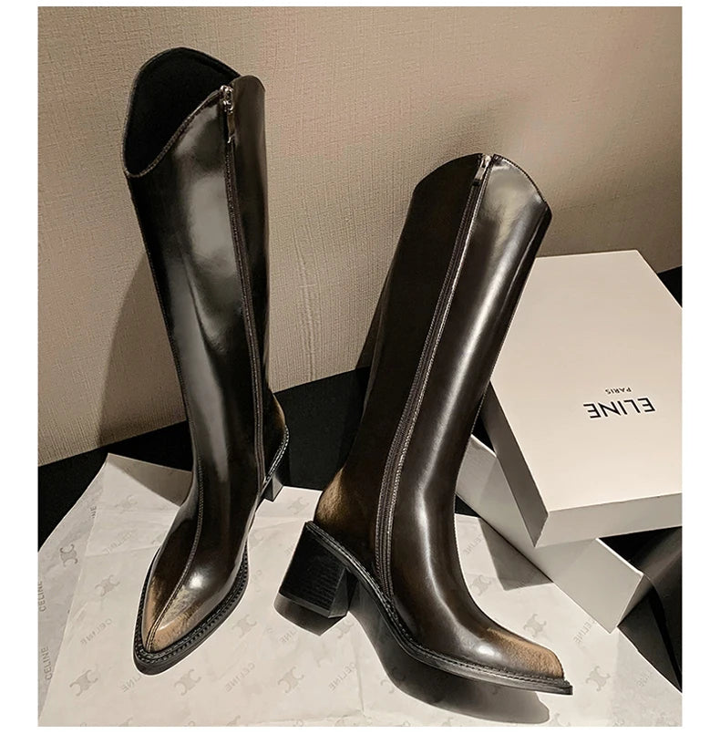 Ods New Women Genuine Leather Pointed Toe Knee High Boots Black White Brown Side Zipper Female Shoes Thick Heel Plus Size 42