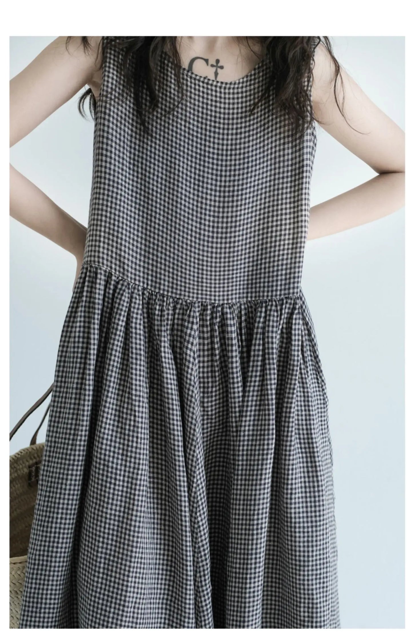 Summer New Women's Cotton Lin Loose Casual Dr High Waist A-Line Skirt Svel Vest Dr Cheered Pattern plus Size
