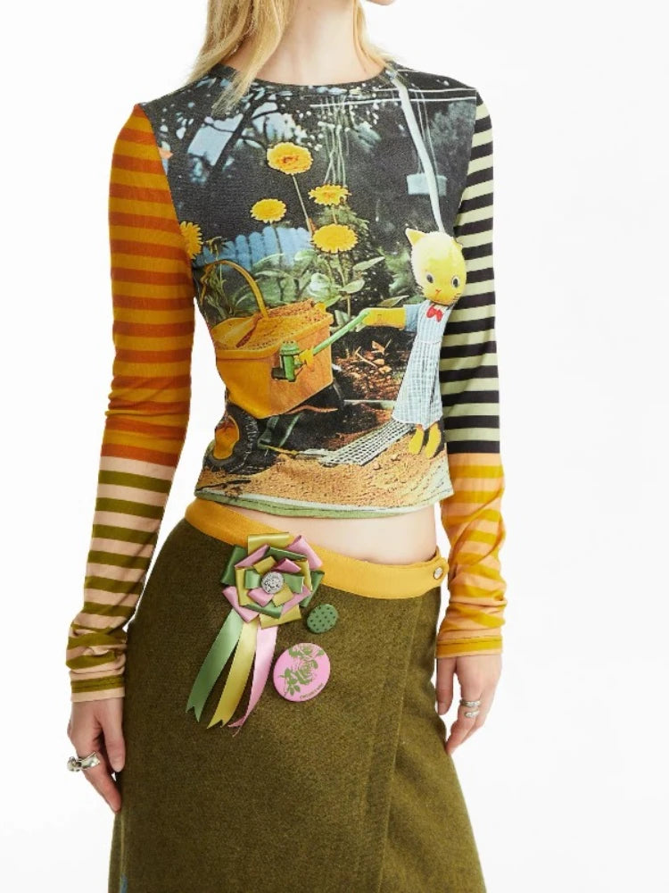 HOUZHOU Y2K Striped Graphic Juminocore Women T-Shirts Harajuku Kawaii Long Sleeve Japanese 2000s Style Tees Slim Cute Aesthetic