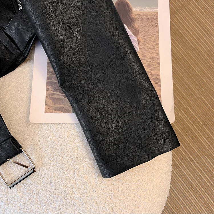 Blue PU leather jacket for women's spring autumn short Street style 2025 new retro motorcycle Leather Coat top