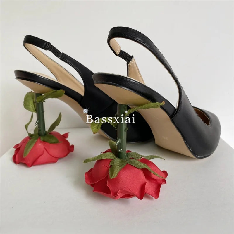Unique Rose Flower Heel Women Pumps Genuine Leather Slingbacks Sexy Pointed Toe Dress Shoes For Girls