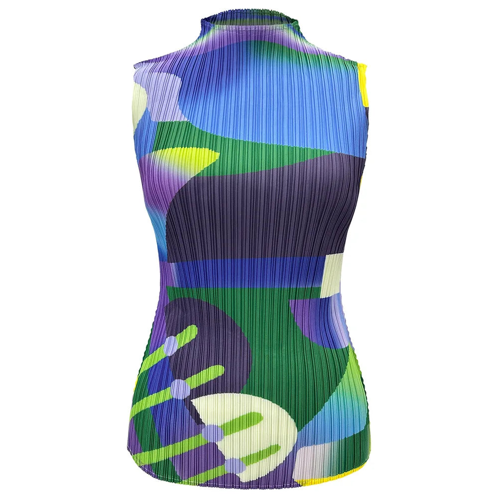 Miyake Pleated Geometric Playground Printed High-neck Sleeveless Top