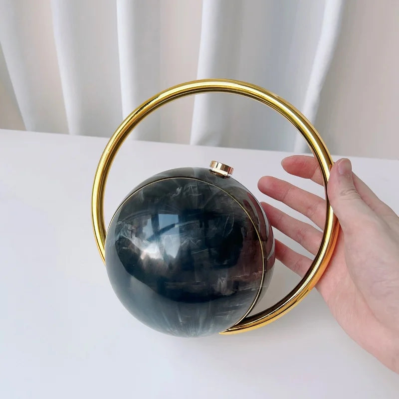 2025 New Marble Pattern Spherical Banquet Bag for Women Trendy Electroplated Handle PVC Handbags Lady Mini Purse Evening Clutch
