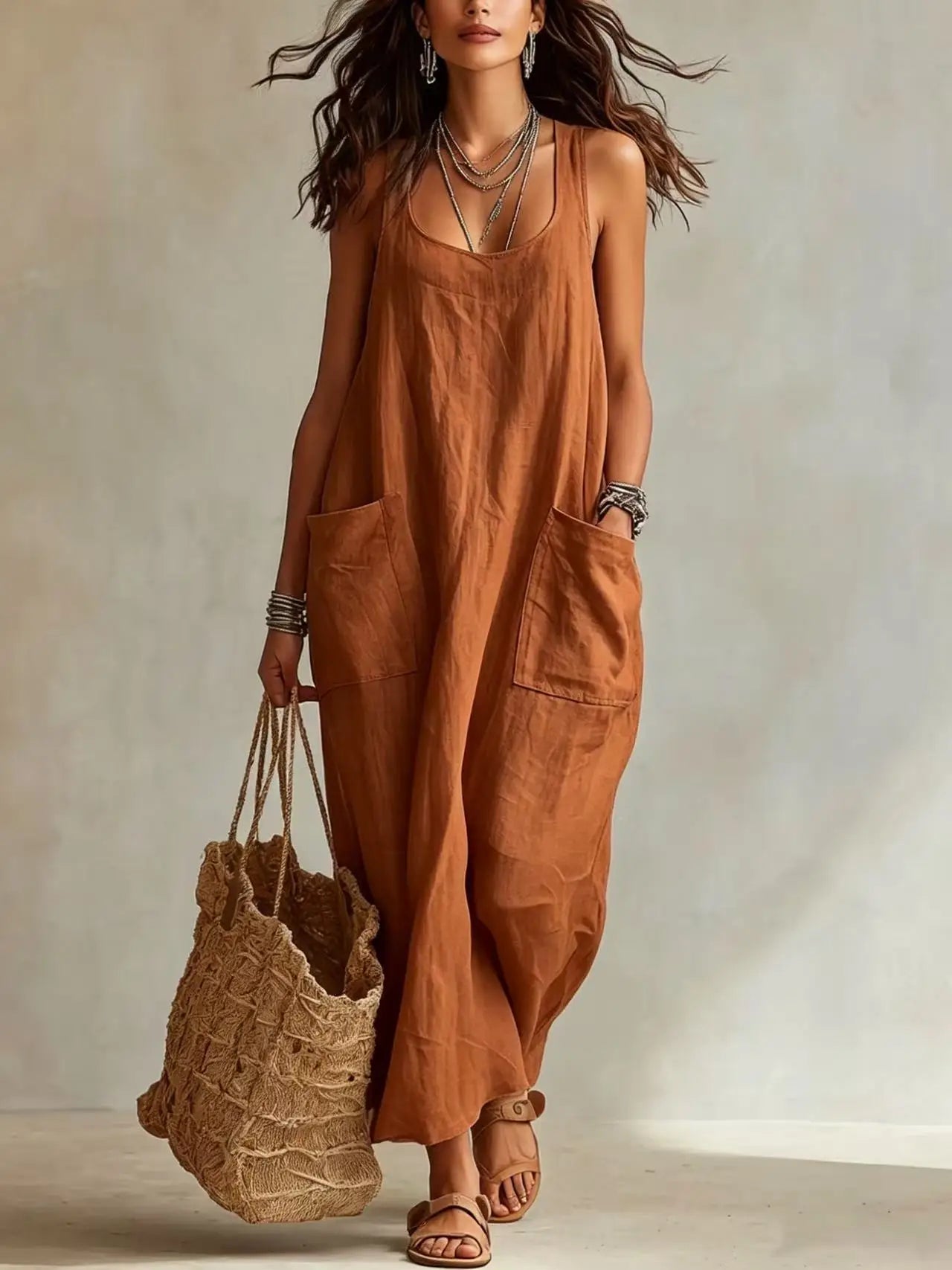 Women's Cotton Linen Square Neck Maxi Dress with Pockets Spaghetti Strap Sleeveless Loose Vacation Beach Long Sundress S-2XL