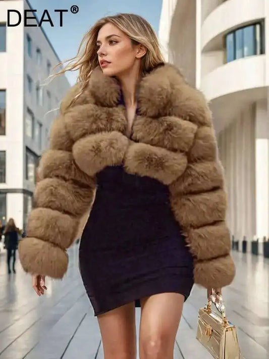 DEAT Fashion Women's Faux Fur Coat Stand Neck Long Sleeve Zipper Short Solid Color Thick Warm Jackets Winter 2024 New 7AB6434