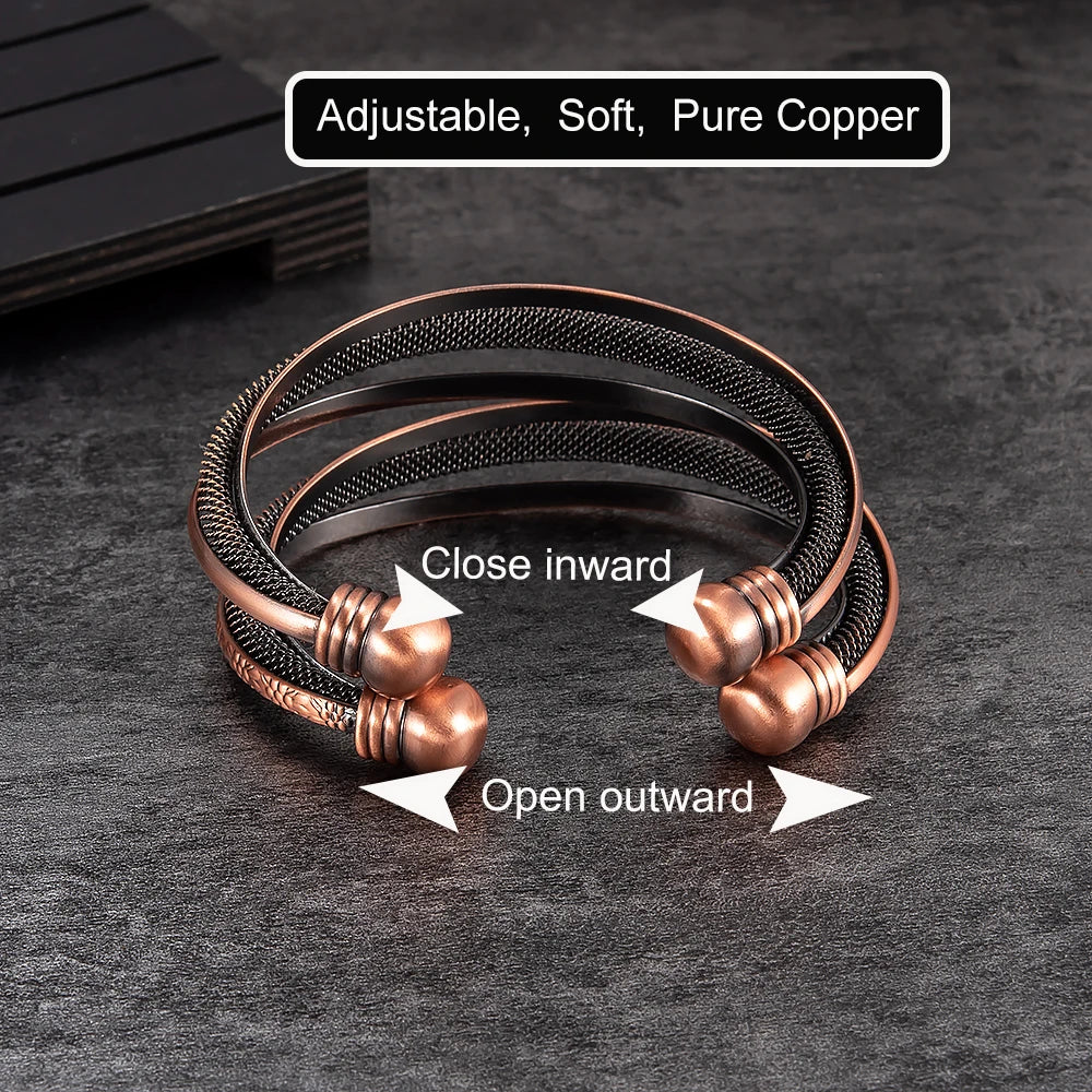 Vinterly Pure Copper Bracelets Magnetic Adjustable Open Cuff Vintage Flowers High Magnet Bangles Health Energy Jewelry Resizable
