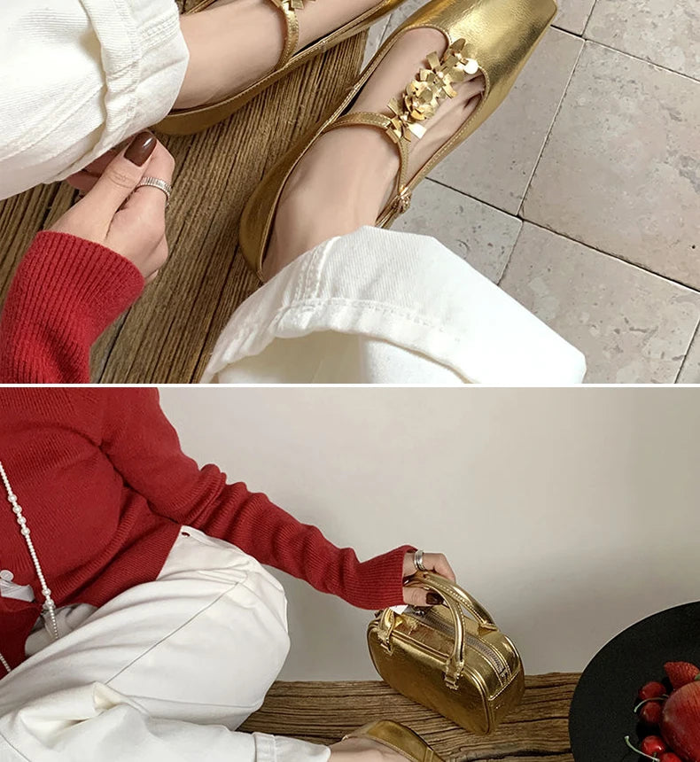 Ods Lolita Shoes 3cm Heels Square Toe Lace-Up Classic Style Sandals Ladies Slip On Shallow Mouth 2025 Mary Jane 5cm Gold Retro