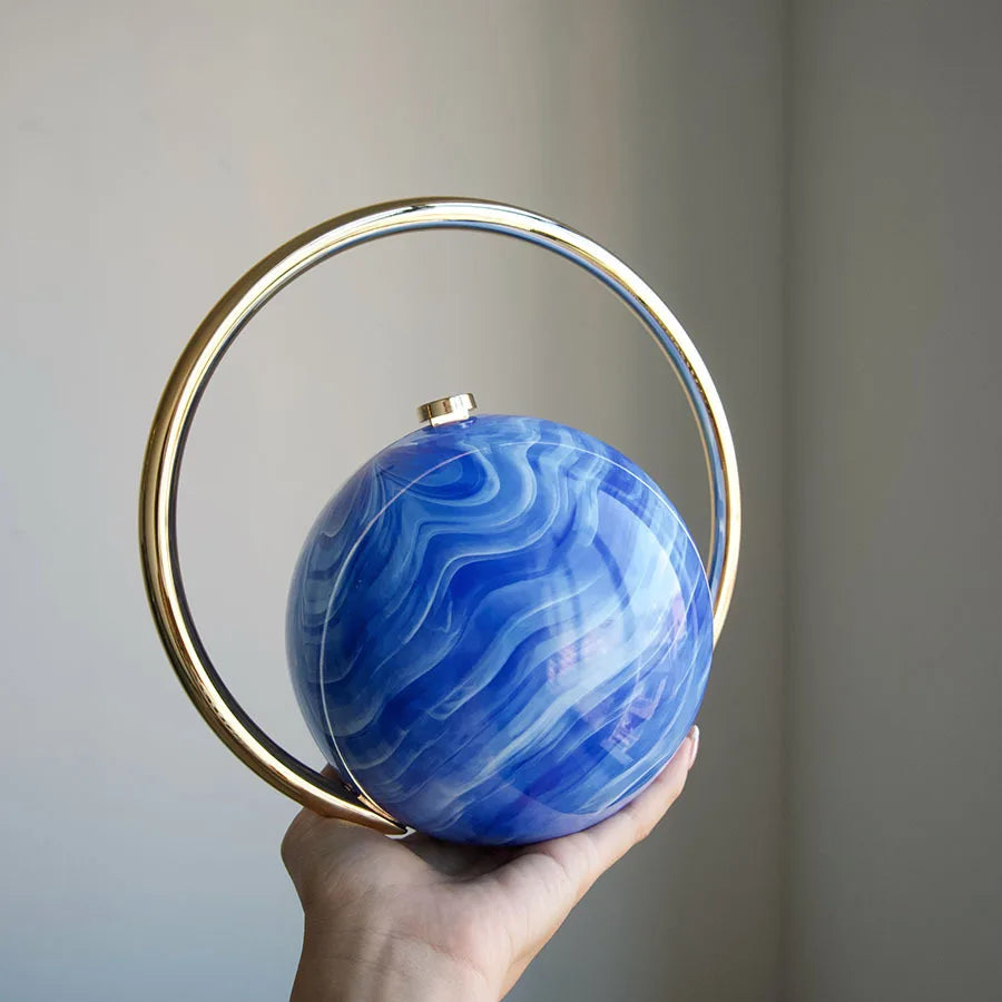 Fashion Marble Pattern Acrylic Round Evening Bag for Women Luxury Designer Metal Handle Lady Handbags Elegant Party Purses 2025