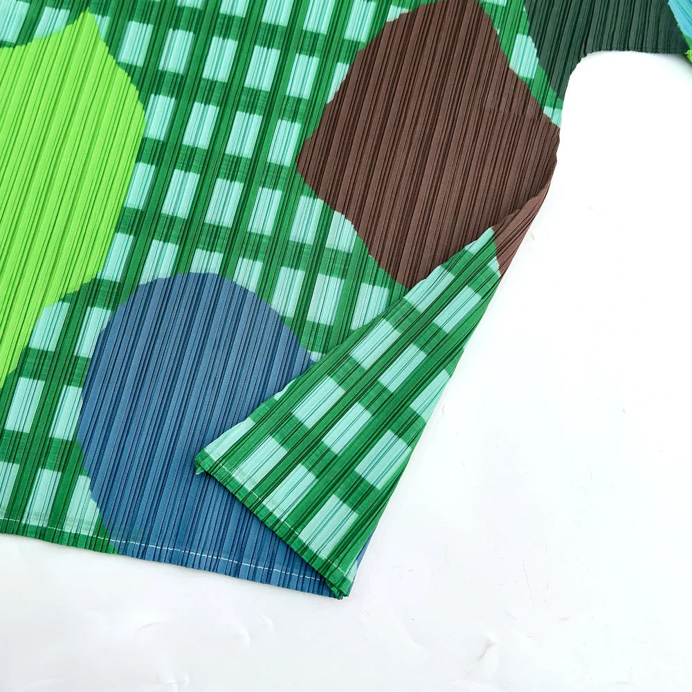 Miyake Elegant Green Plaid Color Block Print Pleated Top Mock Neck Half Sleeve Elastic Tee Daily Commute Office
