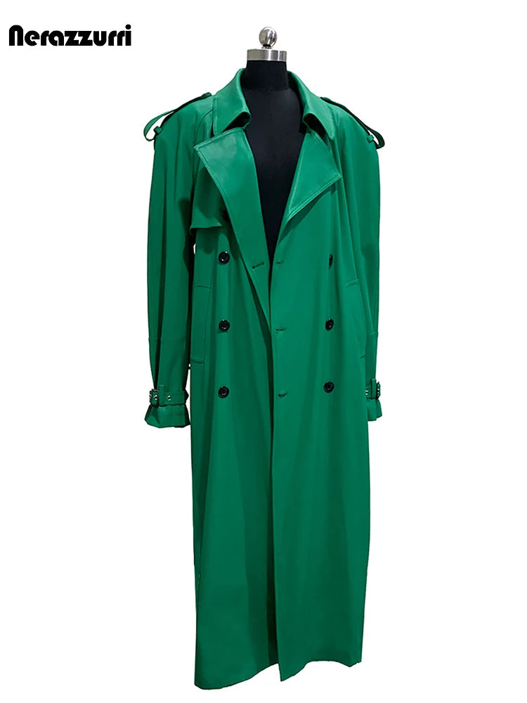 Nerazzurri Autumn Extra Long Soft Green Oversized Pu Leather Trench Coat for Women Shoulder Pads Belt Double Breasted Overcoat
