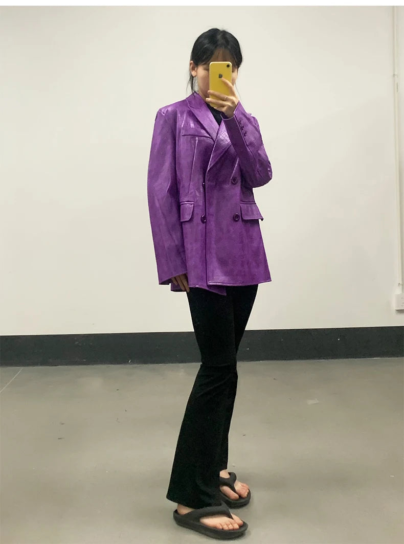 Mauroicardi Autumn Soft Luxury Matte Purple Crocodile Print Pu Leather Blazer Jacket Women Loose Casual Korean Fashion Clothes