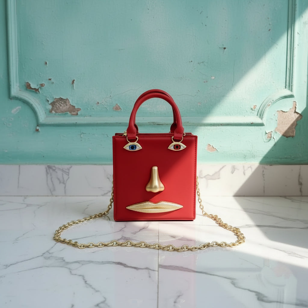 2026 Summer New Women's Surreal  Leather Handbag 3D Face Hand Grip Pattern Tote Bag Silver Patent Leather Square Versatile Shoulder Bag