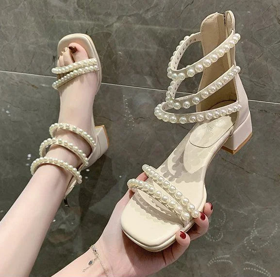 Pearl with Medium Heels Summer 2025 Women's Shoes Sandals for Woman Square Footwear Black Comfort Anti Slip Hot Vip The Best H F