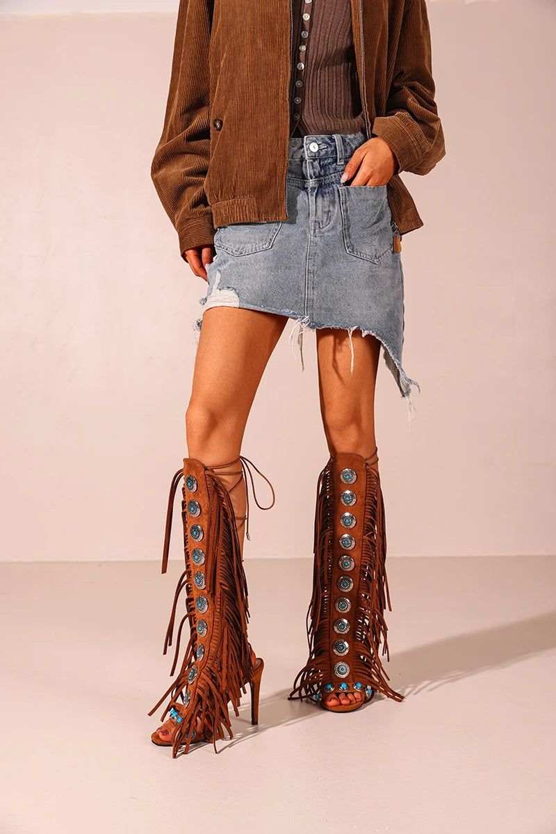 Summer Sandals cow suede leather tassel women sandal peep toe sexy lace up knee high shoes US size