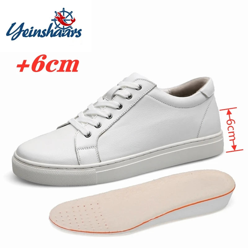 Man Elevator Shoes Height Increase Insoles High Heels Shoes 5-6CM Shoes Tall Shoes White Genuine Leather Shoes Men Sneakers