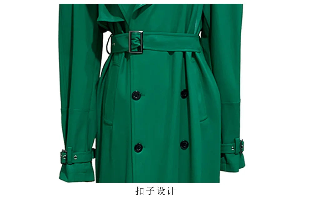 Nerazzurri Autumn Extra Long Soft Green Oversized Pu Leather Trench Coat for Women Shoulder Pads Belt Double Breasted Overcoat