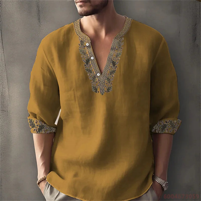 2026 Summer New Men's Fashion Printed Shirt, Henley Collar, Long Sleeve, Ethnic Style, Loose Fit, Breathable, Casual Men's Top
