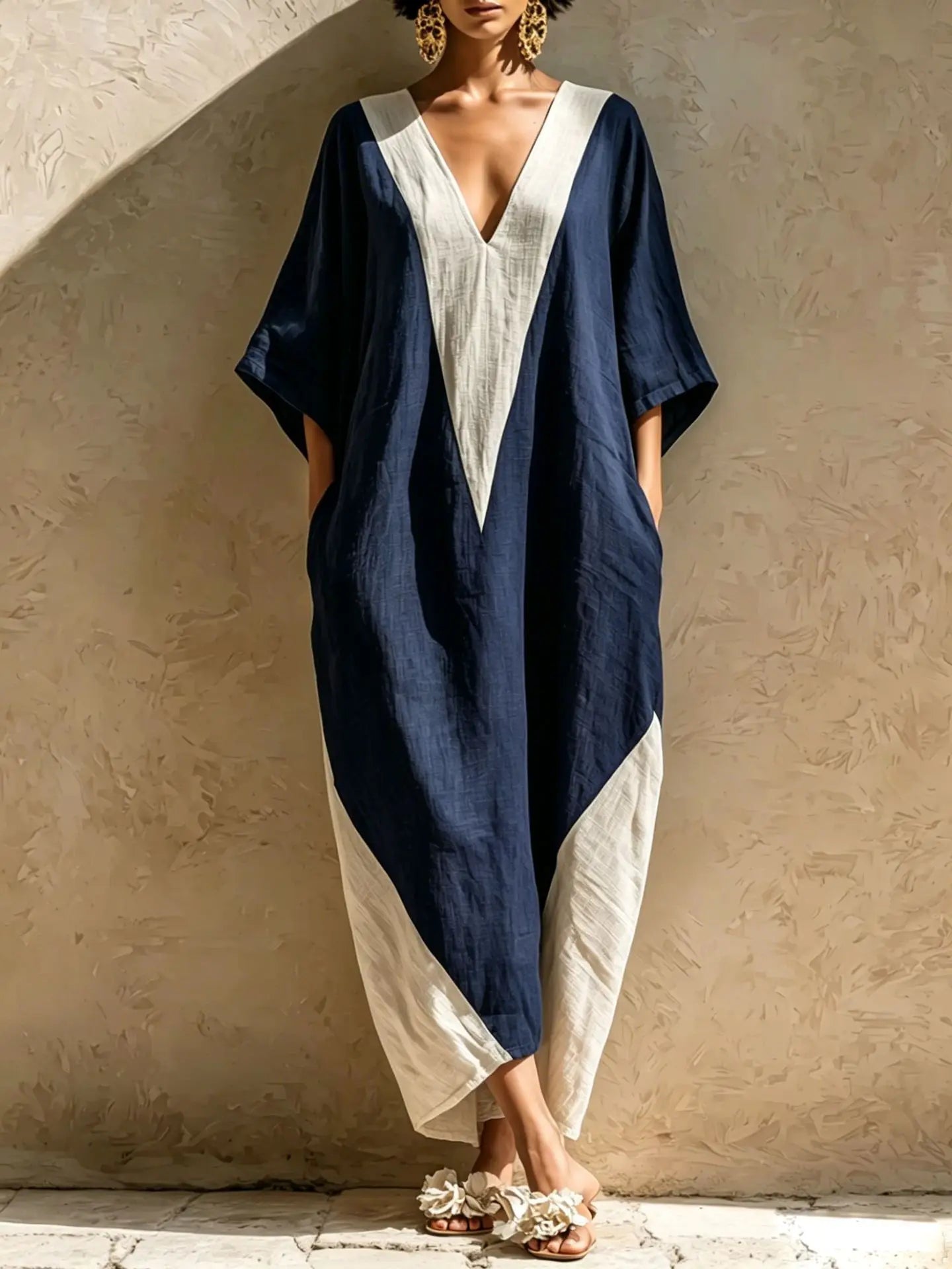 Summer Women Cotton Linen Long Dress 2026 Color Blocking Patchwork Batwing Sleeve V Neck Loose Pocket Dress Beach Sundress