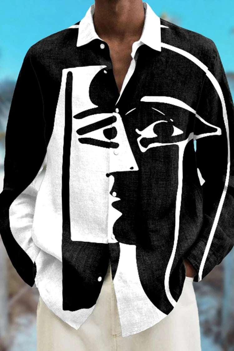 Fashion Abstract 3D Printed Long Sleeve Shirts Simple Black And White Color Scheme men's Tops Casual Lapel Button Up Shirt