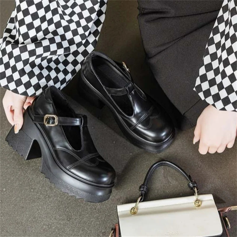 10cm Patent Leather Platform Wedge Flats Summer Chunky Heels Buckle Pumps Spring Synthetic Mary Jane High Brand Shoes