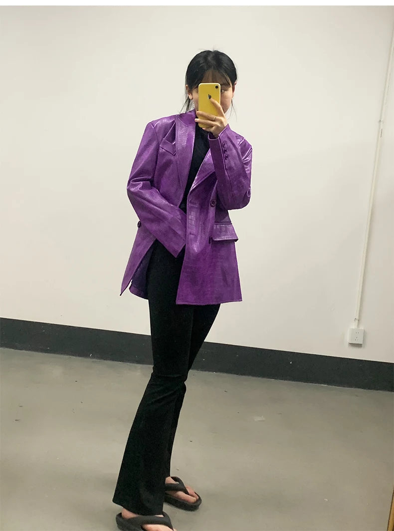 Mauroicardi Autumn Soft Luxury Matte Purple Crocodile Print Pu Leather Blazer Jacket Women Loose Casual Korean Fashion Clothes